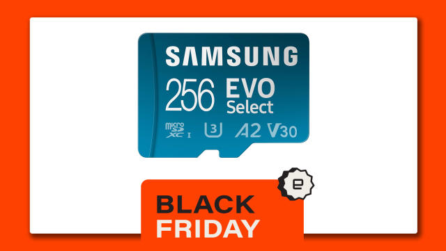 A blue Samsung Evo Select microSD sits on a white background.