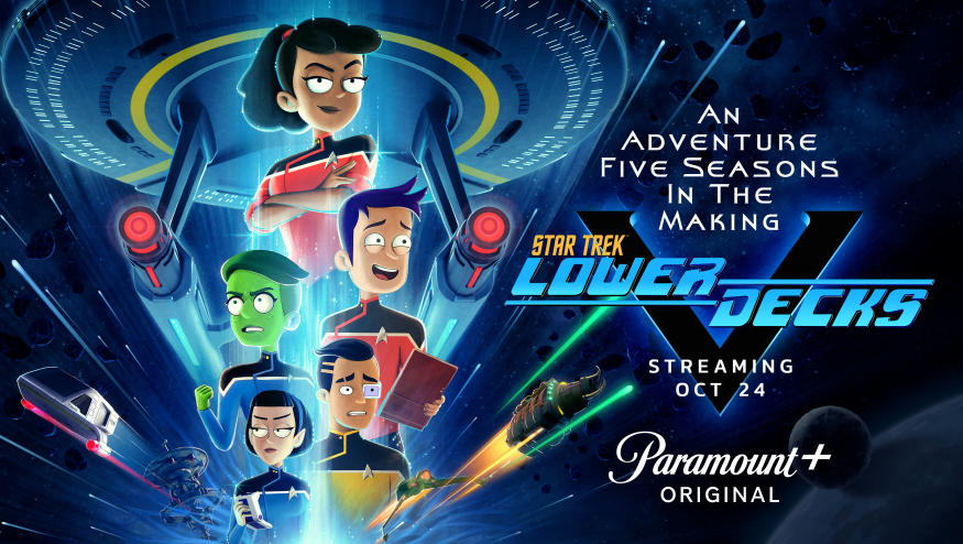 L-R Tawny Newsome as Ensign Mariner, Noel Wells as Ensign Tendi, Jack Quaid as Ensign Brad Boimler, Gabrielle Ruiz as T\'Lyn and Eugene Cordero as Ensign Rutherford appearing in season 5 key art of Lower Decks streaming on Paramount+, 2024. Photo Credit: Paramount+